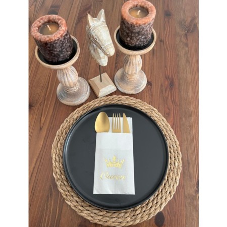 Gold Yaldızlı Beyaz Queen Taç Detaylı Cepli Kanguru Peçete 12 Adet