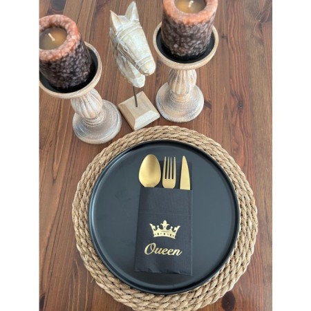 Gold Yaldızlı Siyah Queen Taç Detaylı Cepli Kanguru Peçete 12 Adet