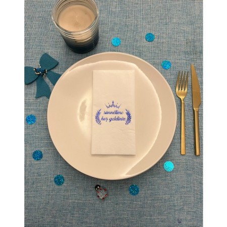 Mavi Yaldızlı Beyaz Sünnetime Hoşgeldiniz Baskılı Garson Katlama Peçete 16 Adet