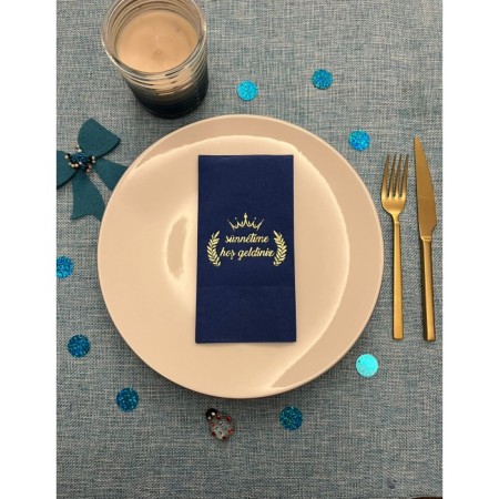 Gold Yaldızlı Bodrum Mavisi Sünnetime Hoşgeldiniz Baskılı Garson Katlama Peçete 16 Adet
