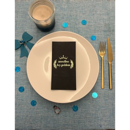 Gold Yaldızlı Siyah Sünnetime Hoşgeldiniz Baskılı Garson Katlama Peçete 16 Adet