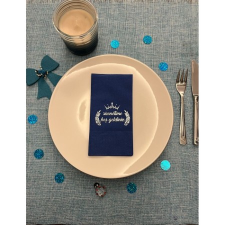 Gümüş Yaldızlı Bodrum Mavisi Sünnetime Hoşgeldiniz Baskılı Garson Katlama Peçete 16 Adet