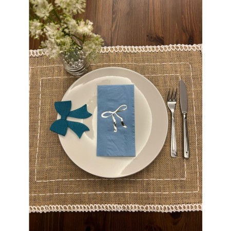 Gümüş Yaldızlı Mavi Fiyonk Baskılı Garson Katlama Peçete 16 Adet