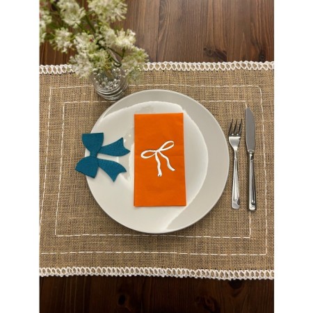 Gümüş Yaldızlı Turuncu Fiyonk Baskılı Garson Katlama Peçete 16 Adet