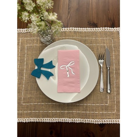 Gümüş Yaldızlı Pembe Fiyonk Baskılı Garson Katlama Peçete 16 Adet