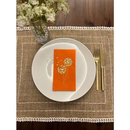 Gold Yaldızlı Turuncu Hindiba Çiçeği Baskılı Garson Katlama Peçete 16 Adet