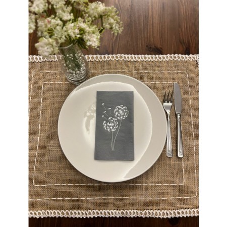 Gümüş Yaldızlı Gri Hindiba Çiçeği Baskılı Garson Katlama Peçete 16 Adet