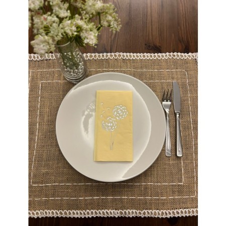Gümüş Yaldızlı Sarı Hindiba Çiçeği Baskılı Garson Katlama Peçete 16 Adet