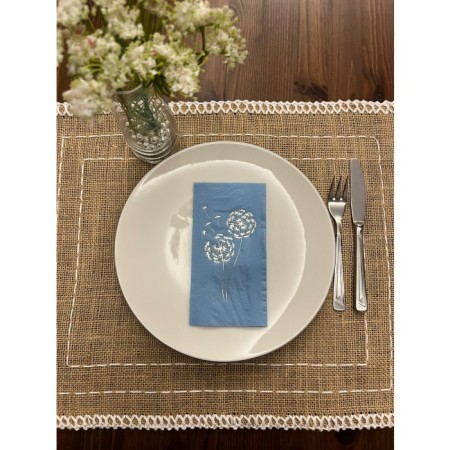 Gümüş Yaldızlı Mavi Hindiba Çiçeği Baskılı Garson Katlama Peçete 16 Adet