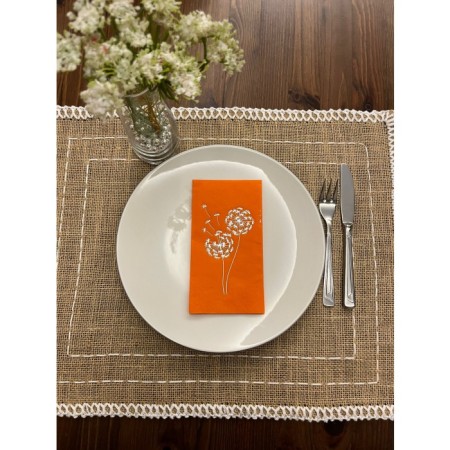 Gümüş Yaldızlı Turuncu Hindiba Çiçeği Baskılı Garson Katlama Peçete 16 Adet