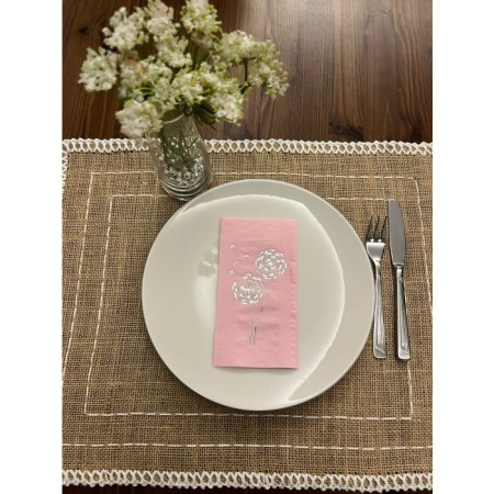 Gümüş Yaldızlı Pembe Hindiba Çiçeği Baskılı Garson Katlama Peçete 16 Adet