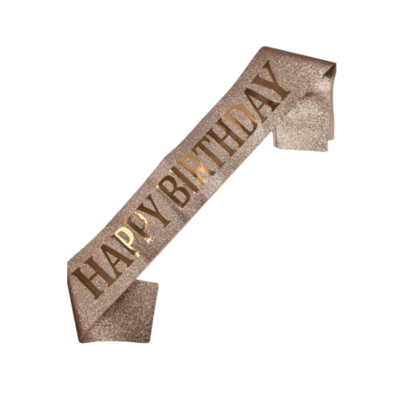 Happy Bırthday Rose Gold Yazılı Simli Rose Gold Saten Lüks Kuşak