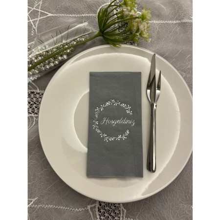 Gümüş Yaldızlı Gri Hoşgeldiniz Garson Peçete 16 Adet