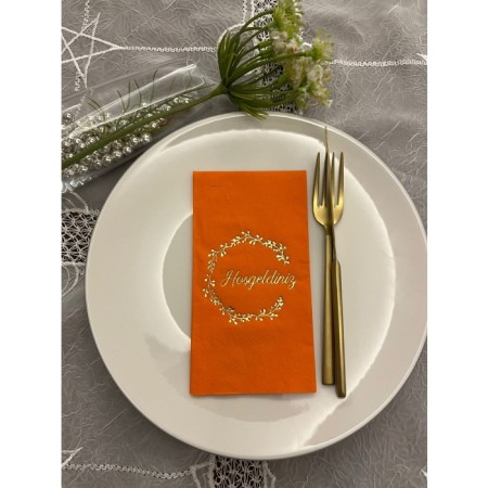 Gold Yaldızlı Turuncu Hoşgeldiniz Garson Peçete 16 Adet