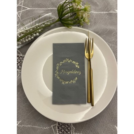 Gold Yaldızlı Gri Hoşgeldiniz Garson Peçete 16 Adet