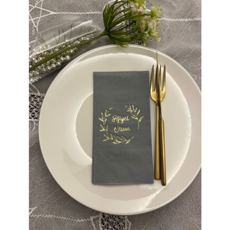 Gold Yaldızlı Gri Afiyet Olsun Çiçekli Çelenk Garson Peçete 16 Adet