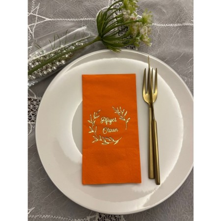 Gold Yaldızlı Turuncu Afiyet Olsun Çiçekli Çelenk Garson Peçete 16 Adet
