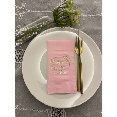 Gold Yaldızlı Pembe Afiyet Olsun Çiçekli Çelenk Garson Peçete 16 Adet