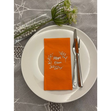 Gümüş Yaldızlı Turuncu Afiyet Olsun Çiçekli Çelenk Garson Peçete 16 Adet