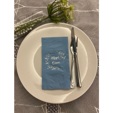 Gümüş Yaldızlı Mavi Afiyet Olsun Çiçekli Çelenk Garson Peçete 16 Adet