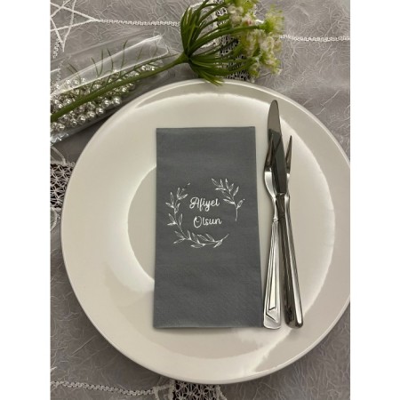 Gümüş Yaldızlı Gri Afiyet Olsun Çiçekli Çelenk Garson Peçete 16 Adet