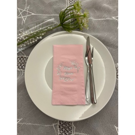 Gümüş Yaldızlı Pembe Afiyet Olsun Çiçekli Çelenk Garson Peçete 16 Adet