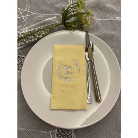 Gümüş Yaldızlı Sarı Afiyet Olsun Çiçekli Çelenk Garson Peçete 16 Adet