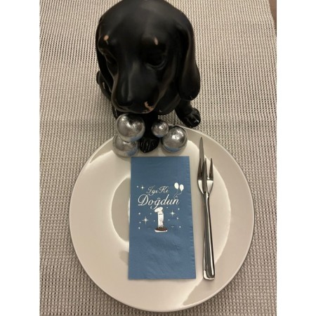 Gümüş Yaldızlı Mavi Bir Yaş İyi Ki Doğdun Garson Katlama Peçete 16 Adet