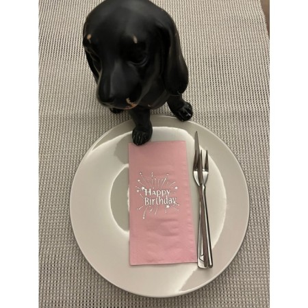 Gümüş Yaldızlı Pembe Happy Bırthday Garson Katlama Peçete 16 Adet