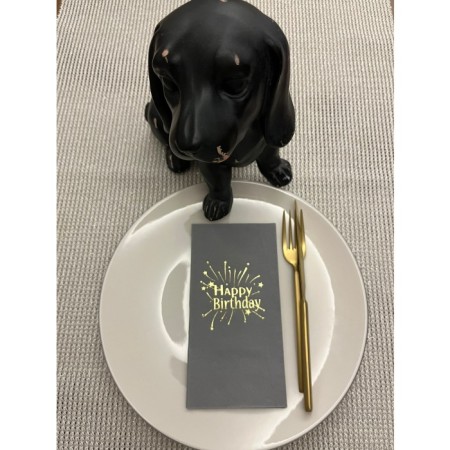 Gold Yaldızlı Gri Happy Bırthday Garson Katlama Peçete 16 Adet