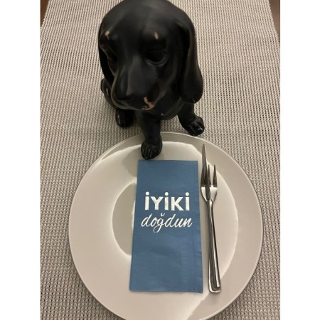 Gümüş Yaldızlı Mavi İyi Ki Doğdun Baskılı Garson Katlama Peçete 16 Adet