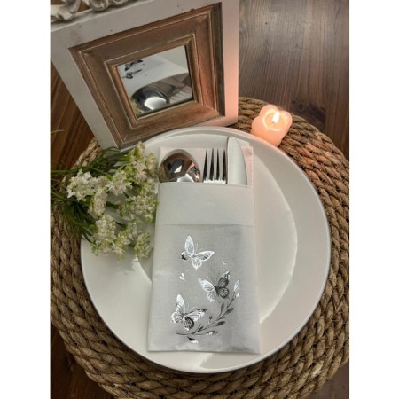 Gümüş Yaldızlı Beyaz Kelebek Yaprak Detaylı Cepli Kanguru Peçete 12 Adet