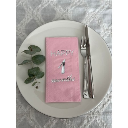 Gümüş Yaldızlı Pembe Happy 1 Yaş Months Garson Katlama Peçete 16 Adet