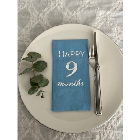 Gümüş Yaldızlı Mavi Happy 9 Yaş Months Garson Katlama Peçete 16 Adet