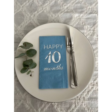 Gümüş Yaldızlı Mavi Happy 10 Yaş Months Garson Katlama Peçete 16 Adet