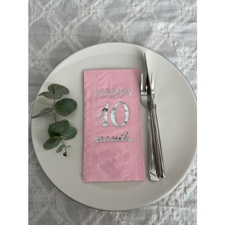 Gümüş Yaldızlı Pembe Happy 10 Yaş Months Garson Katlama Peçete 16 Adet