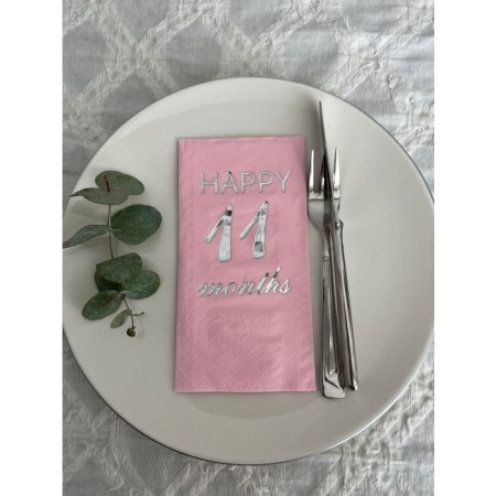 Gümüş Yaldızlı Pembe Happy 11 Yaş Months Garson Katlama Peçete 16 Adet
