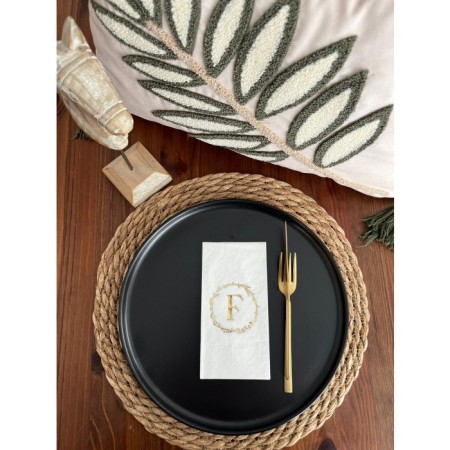 Gold Yaldızlı Beyaz Çelenkli F Harfi Garson Peçete 16 Adet