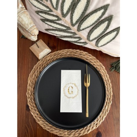 Gold Yaldızlı Beyaz Çelenkli G Harfi Garson Peçete 16 Adet