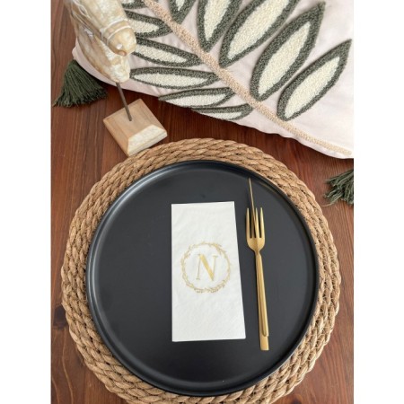 Gold Yaldızlı Beyaz Çelenkli N Harfi Garson Peçete 16 Adet