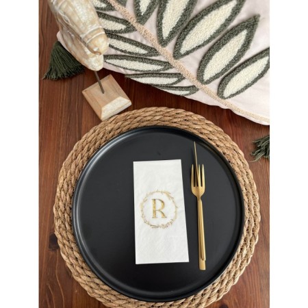 Gold Yaldızlı Beyaz Çelenkli R Harfi Garson Peçete 16 Adet