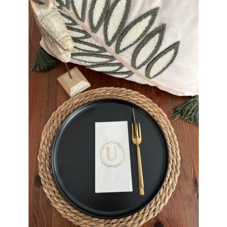 Gold Yaldızlı Beyaz Çelenkli U Harfi Garson Peçete 16 Adet