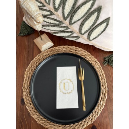 Gold Yaldızlı Beyaz Çelenkli Ü Harfi Garson Peçete 16 Adet