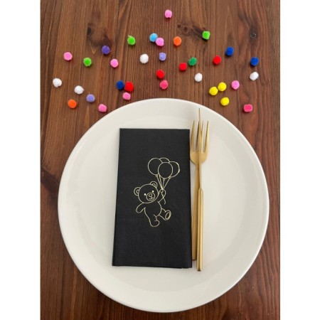 Gold Yaldızlı Siyah Sevimli Ayı Baskılı Garson Katlama Peçete 16 Adet