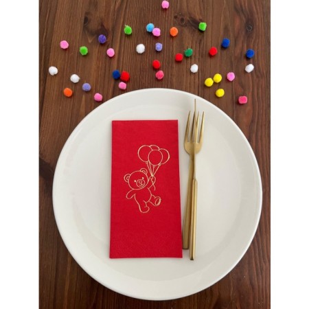 Gold Yaldızlı Kırmızı Sevimli Ayı Baskılı Garson Katlama Peçete 16 Adet