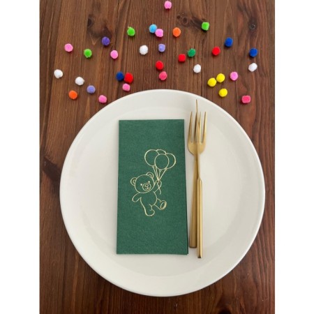 Gold Yaldızlı Yeşil Sevimli Ayı Baskılı Garson Katlama Peçete 16 Adet