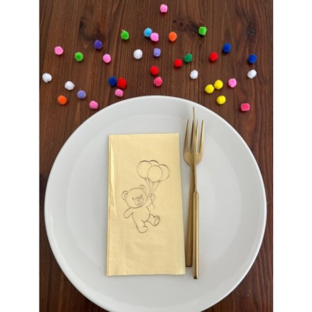 Gold Yaldızlı Sarı Sevimli Ayı Baskılı Garson Katlama Peçete 16 Adet