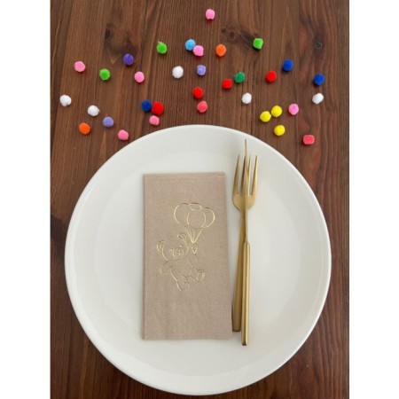 Gold Yaldızlı Kraft Sevimli Ayı Baskılı Garson Katlama Peçete 16 Adet