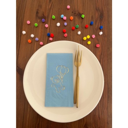 Gold Yaldızlı Mavi Sevimli Ayı Baskılı Garson Katlama Peçete 16 Adet