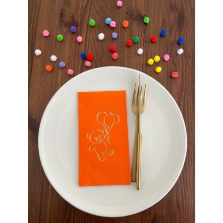 Gold Yaldızlı Turuncu Sevimli Ayı Baskılı Garson Katlama Peçete 16 Adet